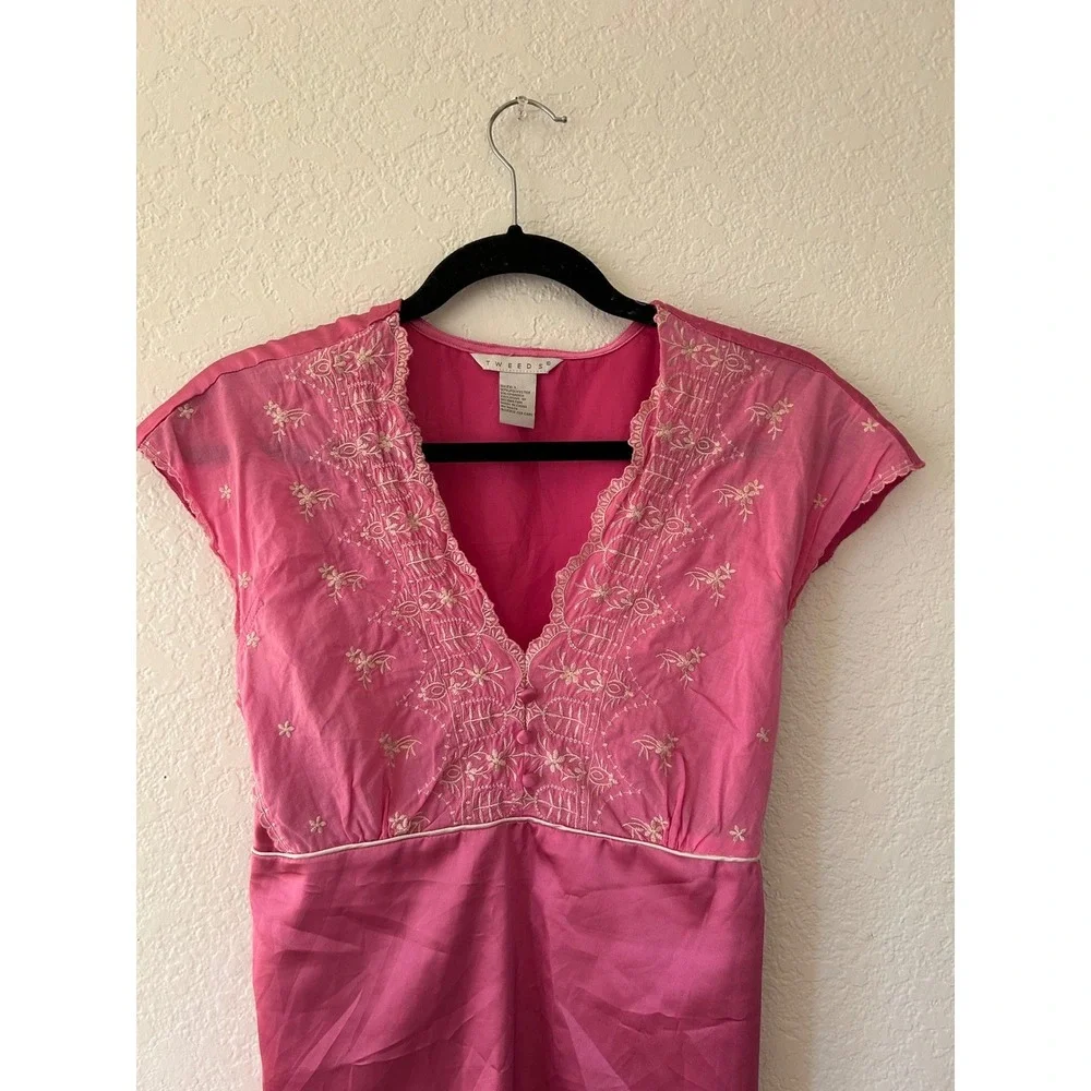 Vtg Tweeds Pink Embroidered Babydoll Cap Sleeve Tunic Tie Waist L Coquette Fairy - Picture 14 of 14